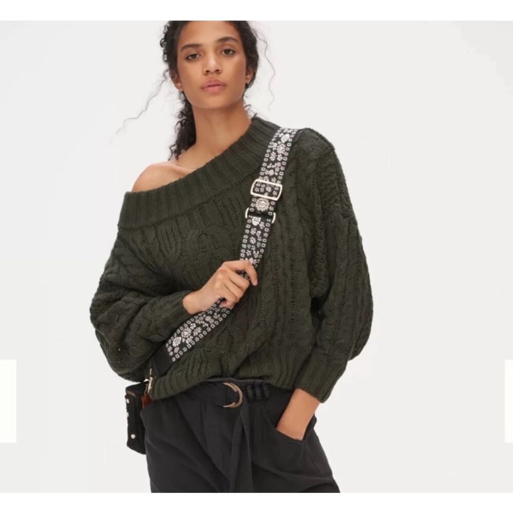 Anthropologie Melissa Cable-Knit Sweater MP Green Dark Academia Cabin Fisherman